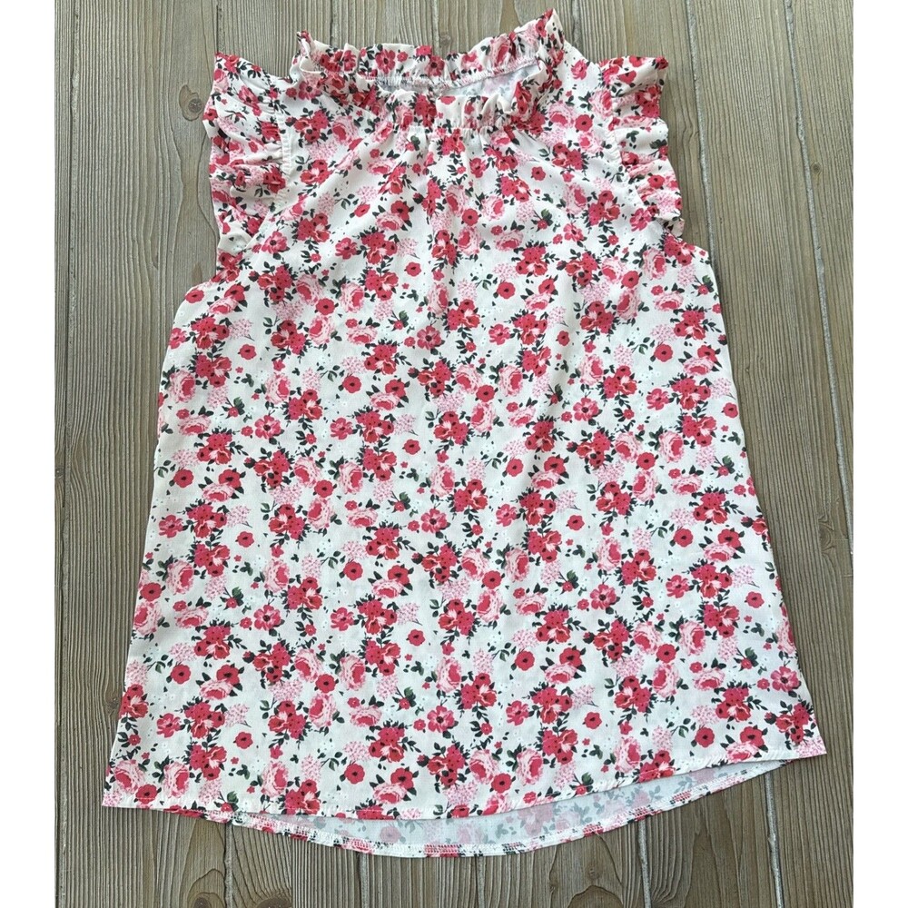 Pink White Floral Print Sleeveless Button Ruffled Neck Blouse Women’s Small